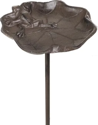 Produktbild von Gartenstecker Vogeltränke Gusseisen Frosch auf Seerosenblatt - stabile Schale für Vögel als Wasserschale oder Futterschale - Gartendeko wetterfest - Höhe 72 cm