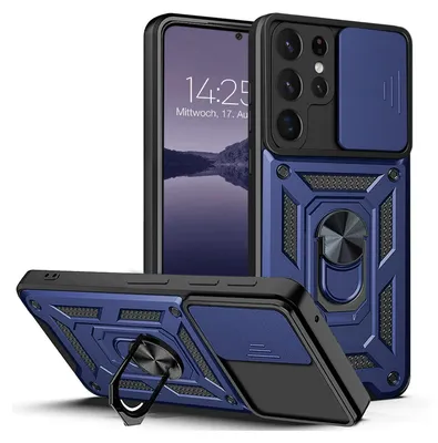 A blue and black phone case with a ring stand and camera cover, shown from multiple angles with a phone inside.