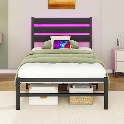 Image de Sommier 90 x 200 cm avec tête de lit, sommier métallique avec station de recharge USB, sommier à LED, structure de soutien robuste en acier, rangement sous le lit