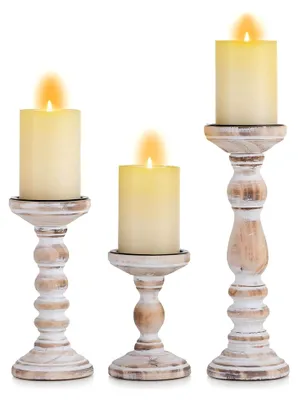 Produktbild von Kerzenhalter für Stumpenkerzen aus Holz: 3er Set im Landhausstil für Tischdeko 15/21/30cm