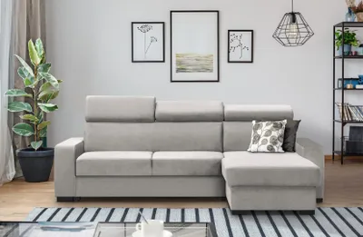 Produktbild von Ecksofa FOX II – L-Form, mit Schlaffunktion, Bettkasten und universeller Ottomane, Samt Beige