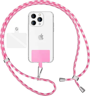 Zdjęcie produktu dla NALIA Uniwersalna smycz z 2 podkładkami i karabińczykiem - 160 cm łańcuszek do zawieszenia telefonu komórkowego na szyi - różowo-biała