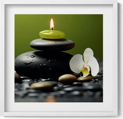Produktbild von Zen-Entspannung Natur und Steine– Wandbild mit Rahmen – Gerahmtes Bild  – Wanddekoration – 50x50 cm –  Weiß Rahmen