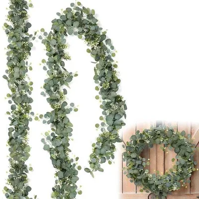 Image de Lot de deux guirlandes de fleurs d'eucalyptus, guirlandes de fleurs artificielles, décoration de table de Noël, guirlande de fleurs d'eucalyptus vertes, décoration végétale suspendue pour les mariages, ornement de table, centre de table