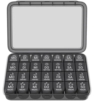 Produktbild von WELLGRO Tablettenbox für 7 Tage - Pillendose je 4 Fächer pro Tag - Klappdeckel mit Druckverschluss - Aufbewahrungsbox - BPA-freier Kunststoff