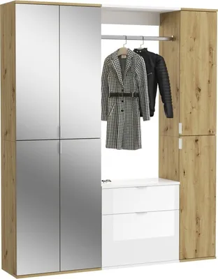 Image de Armoire de rangement 6 portes, 4 miroirs, 2 tiroirs et une penderie – Blanc et chêne – BODITE