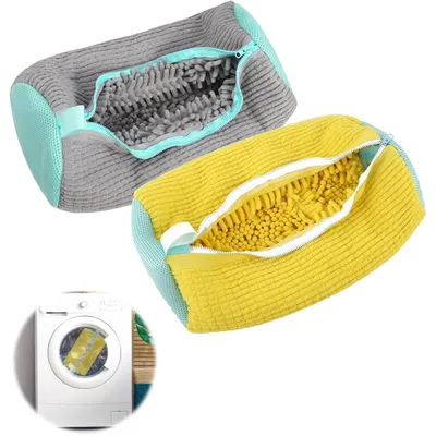 Produktbild von 2x Schuhwaschbeutel für Waschmaschine & Trockner, Grau & Gelb, 39x19cm