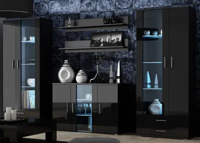 Produktbild von Furniture24 Wohnwand SOHO 10 mit Blauer LED Beleuchtung, Anbauwand, Wohnzimmerschrank, Schrankwand, Vitrine, Lowboard, Hängeregal Schwarz/Schwarz Hochglanz