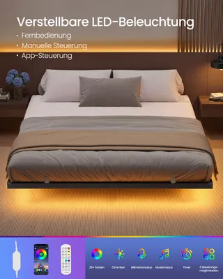Produktbild von VASAGLE Bettgestell 180 x 200 cm mit LED-Beleuchtung, USB-C-Anschluss, Steckdosenleiste, Schlafzimmer, trägt bis 500 kg, schwarz