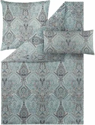 A set of bedding with a paisley pattern.