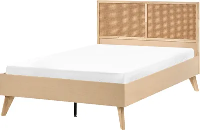 Produktbild von BELIANI Bett Hellbraun Faserplatte mit Lattenrost 120 x 200 cm Holzbeinen Hohem Kopfteil aus Wiener Geflecht Modern Schlafzimmer Möbel