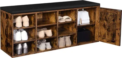 Produktbild von VASAGLE  Schuhschrank, Schuhbank, Schuhregal ,Aufbewahrungsschrank, mit 9 offenen Fächern und einem Schrank, mit Polsterung, 110 x 30 x 48 cm, rustikale Tür, vintagebraun LHS058X01