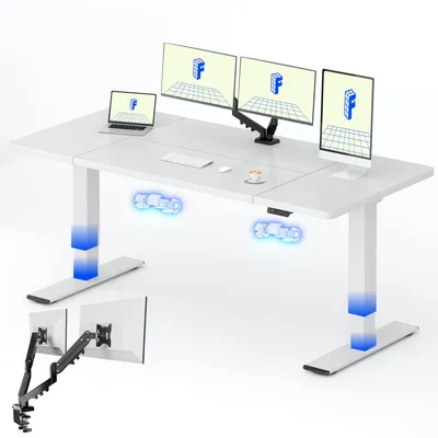 Image de Bureau réglable en hauteur FLEXISPOT QB2, électrique, 180 x 80 cm, avec support pour écran, 2 MOTEURS PUISSANTS, capacité de charge de 120 kg, 4 fonctions de mémorisation (blanc)