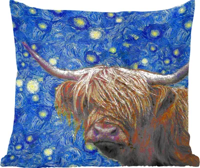 Produktbild von MuchoWow® Zierkissen Sofakissen Wohnzimmer Dekokissen 40x40 cm Van Gogh - Sternennacht - Schottisches Hochlandrind - Foto Kissen - Schlafzimmer Dekoration