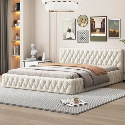 Produktbild von Łóżko tapicerowane Merax 140x200cm ze stelażem z listew, łóżko podwójne z aksamitu, łóżko Chesterfield łóżko drewniane łóżko młodzieżowe, białe