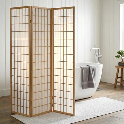 Produktbild von Paravent aus Holzrahmen mit Reispapier, weiß - Raumteiler im Japanischen Stil, Spanische Wand , Raumteiler Trennwand, japandi