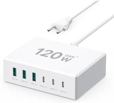 Zdjęcie produktu dla Stacja ładująca o mocy 120 W z 6 portami do szybkiego ładowania – USB-C i USB-A – kompaktowa ładowarka do smartfonów, tabletów i laptopów