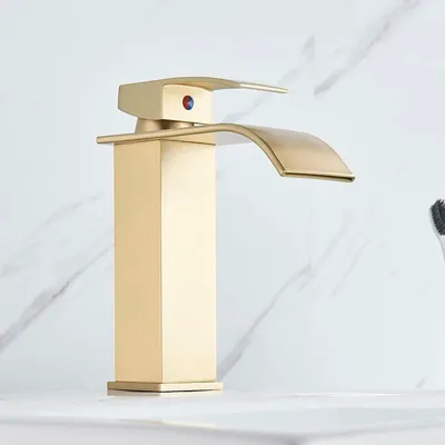 Produktbild von Waschtischarmatur - Wasserfall-Auslauf - Einhebel - 1-Loch - Warm/Kalt - Keramikkartusche - Messingkörper - Gebürstetes Gold