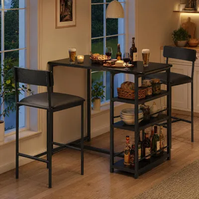 Produktbild von Bartisch mit Stühlen 2 Personen, Platzsparende Küchentheke Tresentisch mit Stauraum & Gepolsterten Barhockern, Bistrotisch Heimbar Möbel Set, Stehtisch mit Hocker, Schwarz