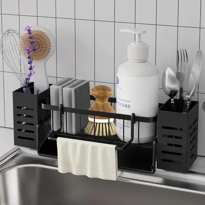 Produktbild von Spülbecken Organizer, Schwammhalter Spülbecken Mit Selbstentleerender Ablaufwanne, Mit Handtuchhalter und Aufbewahrungsbox für Spülbürsten