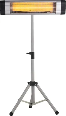A halogen heater on a tripod stand against a white background.