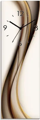 A vertical clock with a wavy abstract design.