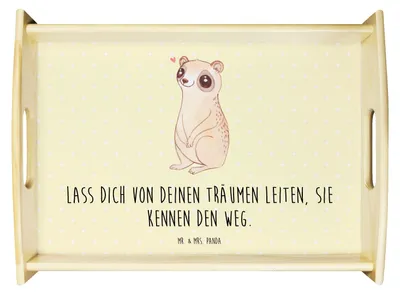 Produktbild von Mr. & Mrs. Panda Tablett Plumplori Glücklich - Gelb Pastell - Geschenk, Serviertablett, Servierplatte Holz, Holztablett, Niedlich, sofatablett, Lustige Sprüche, für bett
