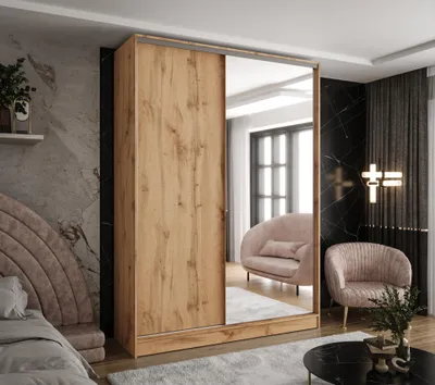Produktbild von Moderner 2-türiger Kleiderschrank mit Schiebetüren in Wotan Eiche 160x58x250 cm – mit Spiegel und 2 Schubladen – für Schlafzimmer, Flur