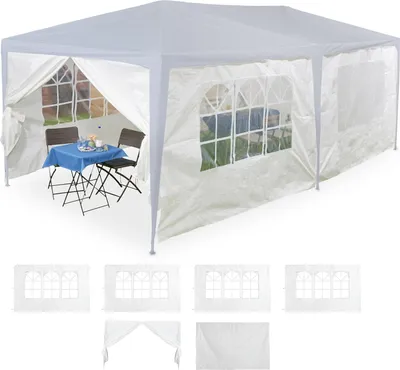 Produktbild von Relaxdays Seitenteile für Pavillon, 6er Set, 2x3m, wasserdicht, Fenster & Tür, PE, Seitenwände mit Klettverschluss, weiß