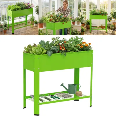 Image de Jardinière surélevée TRMLBE, verte, en tôle d'acier galvanisée avec espace de rangement et roulettes, pour jardin, terrasse ou balcon, 80 × 35 × 80 cm, sans roulettes