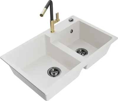 Produktbild von Mexen Tomas 2-Becken-Granitspüle mit Mischbatterie Flora, Weiß - 6516-20-670401-57-B