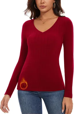 Productafbeelding van Thermoshirt voor dames met lange mouwen, rood, geribbeld met V-hals en zachte fleece-voering