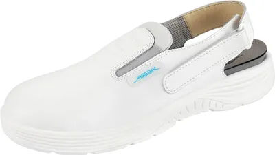 A white Abeba safety clog shoe with a gray interior and a blue logo on the side.