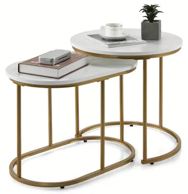 Image de Ensemble de tables basses - Table basse - Table d'appoint - Table de salon - Ensemble de tables - Aspect marbre, panneau de fibres de densité moyenne (MDF)