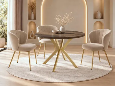 Produktbild von Runder Ausziehbarer Esstisch mit Goldenen X-Gestell Beinen - ⌀ 120-200 cm - Loft Industriell Design - für 8-12 Personen - Braun