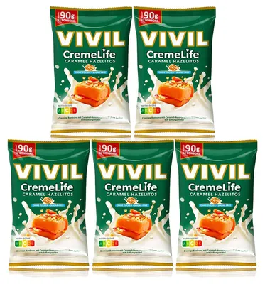 Image de Bonbons Vivil Creme Life Caramel Hazelitos sans sucre 90g, paquet de 5