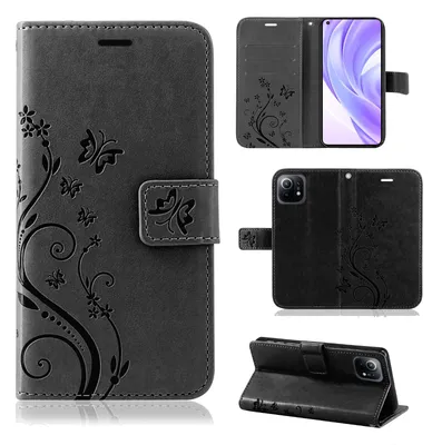 Produktbild von Xiaomi Handy Tasche Handyhülle Schutz Hülle Blumen Flip Cover Wallet Case Etui Xiaomi Mi 11 Lite 4G / 5G Schwarz