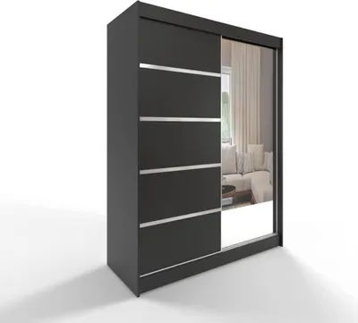 Produktbild von Easy Furniture B3 Schiebetüren Kleiderschrank 200 x 215 x 58 cm mit Spiegel - Schlafzimmermöbel, Aufbewahrung - Mehrzweckschrank - Farbe: Schwarz - 2 Schiebetüren