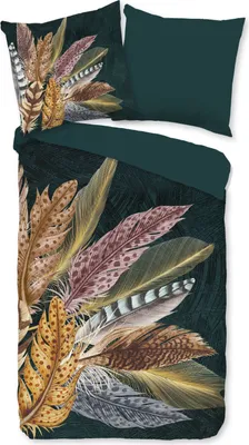 A flat lay of a duvet cover and pillowcase with a feather pattern on a dark green background.