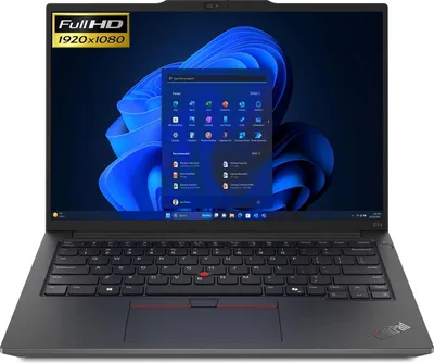 A black Lenovo ThinkPad laptop is shown from the front with the screen displaying the Windows 11 interface.