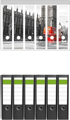 Produktbild von Wallario 6 Stück breite Ordner inkl. Klebeetiketten mit Motive London Red Bus -  Set mit Rückenschildern / Ordnerrücken Stickern