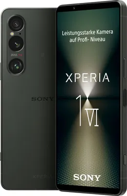 A marketing image of a Sony Xperia 1 VI smartphone, showing both the front and back of the device. The screen displays promotional text and the brand name.
