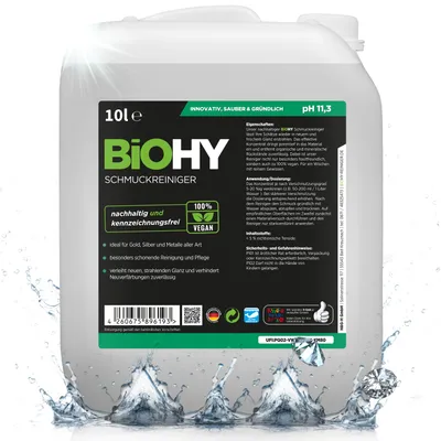 Immagine prodotto di Detergente per gioielli BiOHY (tanica da 10 l) + rubinetto | FORMULA ACTIVE SHINE | Concentrato per ogni pulitore a ultrasuoni | Pulizia sostenibile e delicata per orologi, gioielli e metalli preziosi