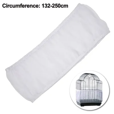 A white birdcage cover with text indicating its circumference, and a small inset image of a birdcage with the cover on.