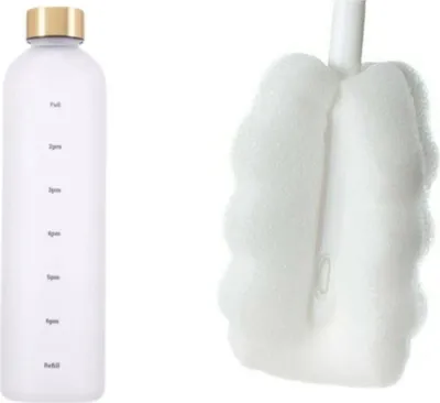 Produktbild von Wasserflasche, 1 Liter Trinkflasche, Kohlensäure geeignet, Motivations-Skala, edel, auslaufsicher, nachhaltig, robust (weiß m. Reinigungsbürste)