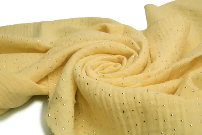 Image de Tissu en mousseline de coton à pois argentés, double gaze, jaune canari, 50 x 130 cm