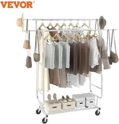 Productafbeelding van Famanu kledingrek, metalen, draagvermogen 275 kg - Verrijdbaar kledingrek met 2 stangen - Kledingrek voor de slaapkamer