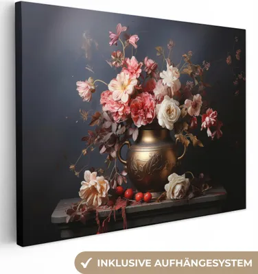 Produktbild von MuchoWow® - Leinwandbilder - Stilleben - Blumen - Rosen - Blumenstrauß - Vase, Wandbild, Wanddeko Bilder Wohnzimmer, 120x90 cm