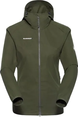 Dunkelgrüne Softshelljacke mit Kapuze von Mammut; Modell GRANITE SO; für Damen.