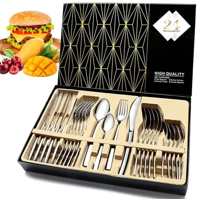 Zdjęcie produktu dla Omgoods - Zestaw 24 sztuk sztućców ze stali nierdzewnej dla 6 osób, z eleganckim wykończeniem